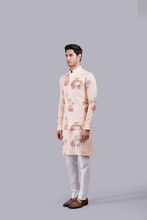 B More PEACH LINEN THREAD WORK BUNDI SET