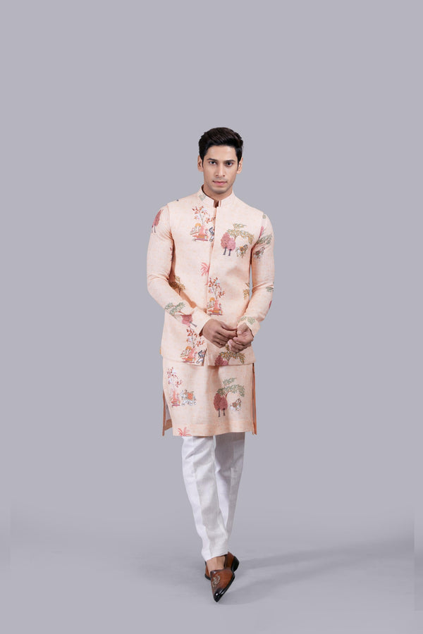 b more PEACH LINEN THREAD WORK BUNDI SET