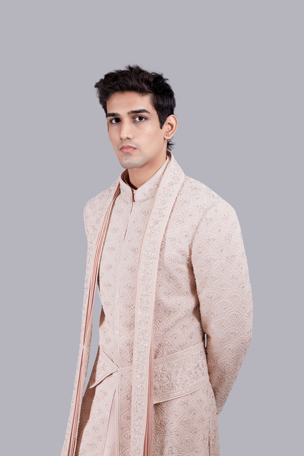 B More PEACH PURE GEORGETTE THREAD WORK SHERWANI