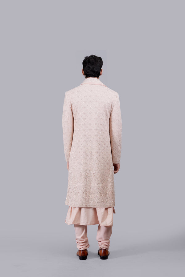 B More PEACH PURE GEORGETTE THREAD WORK SHERWANI