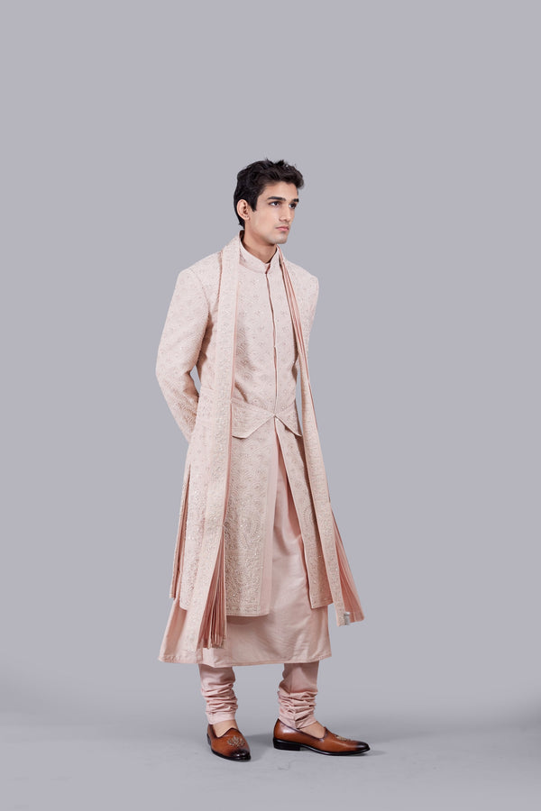 B More PEACH PURE GEORGETTE THREAD WORK SHERWANI
