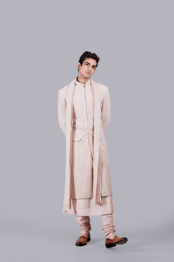 b more PEACH PURE GEORGETTE THREAD WORK SHERWANI
