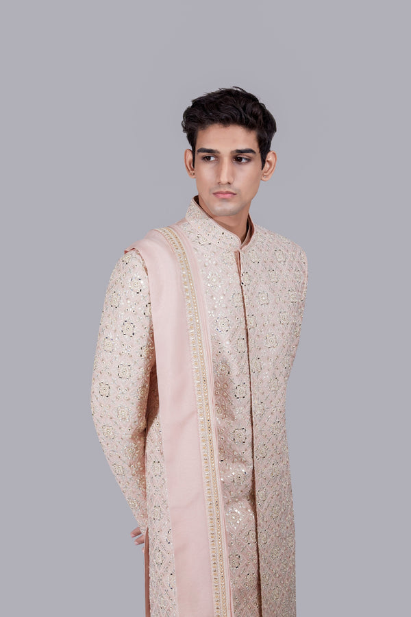 B More PEACH RAW SILK THREAD WORK SHERWANI