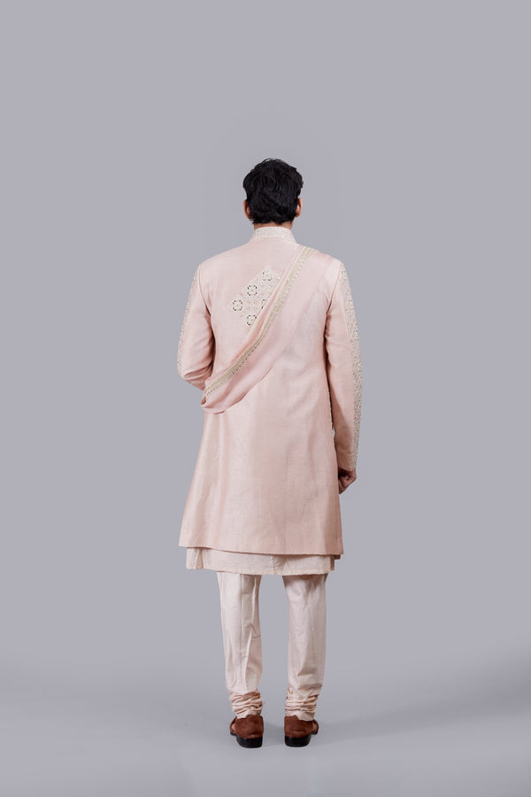 B More PEACH RAW SILK THREAD WORK SHERWANI