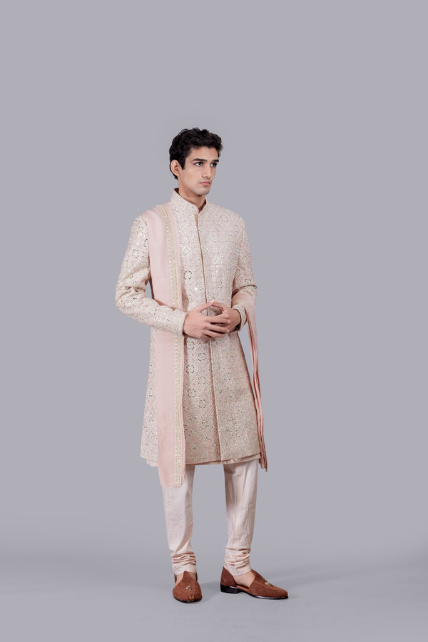 B More PEACH RAW SILK THREAD WORK SHERWANI