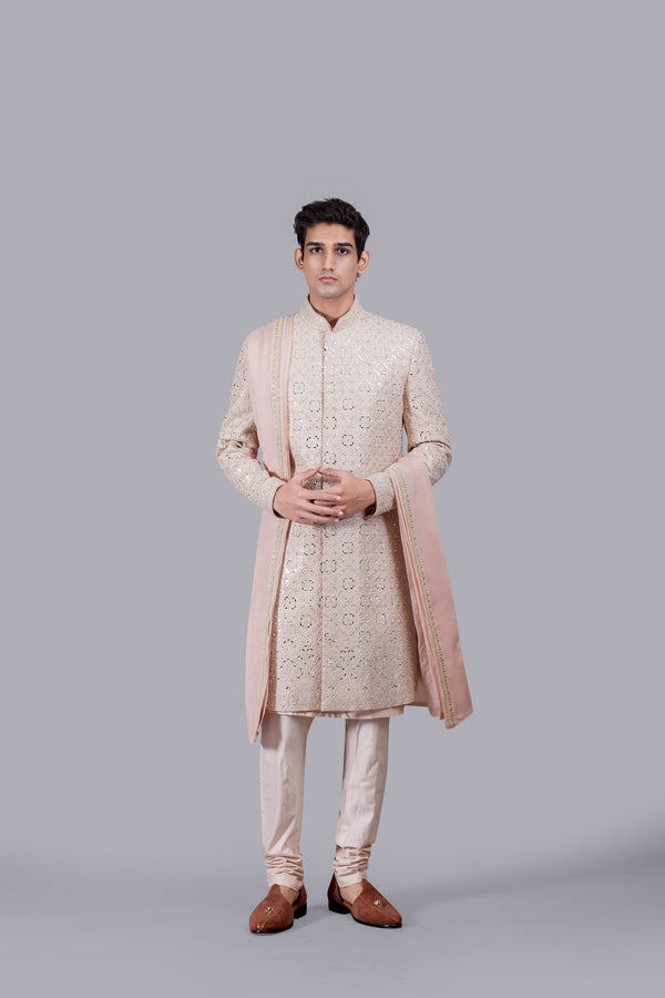 b more PEACH RAW SILK THREAD WORK SHERWANI