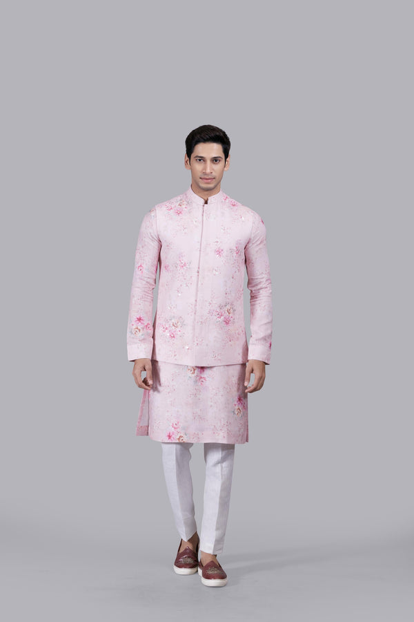 b more PINK LINEN THREAD WORK BUNDI SET