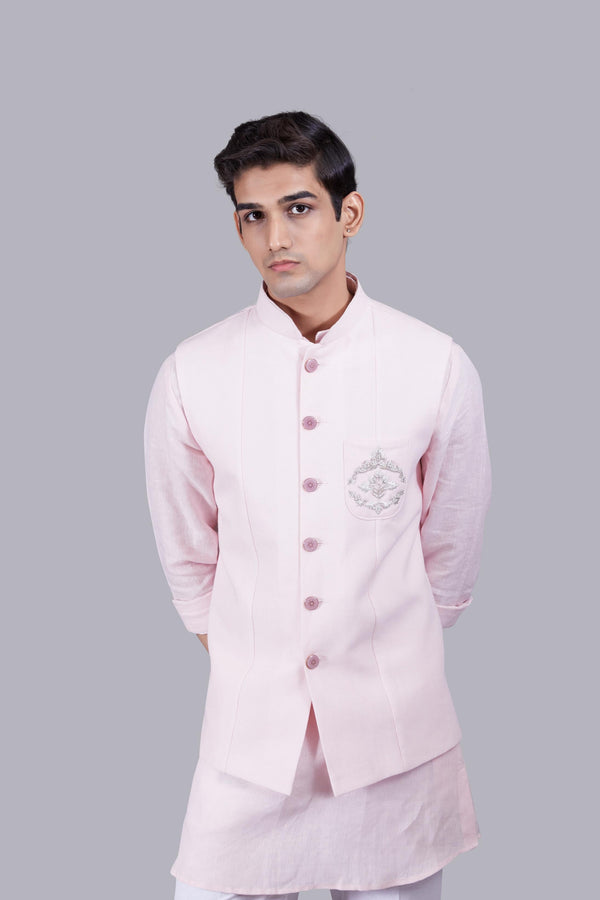 B More PINK LINEN ZARDOSI WORK BUNDI SET