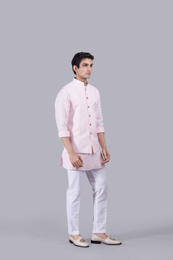 B More PINK LINEN ZARDOSI WORK BUNDI SET