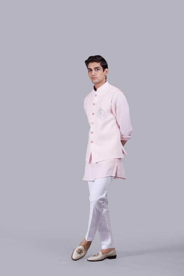 B More PINK LINEN ZARDOSI WORK BUNDI SET