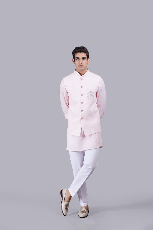 b more PINK LINEN ZARDOSI WORK BUNDI SET