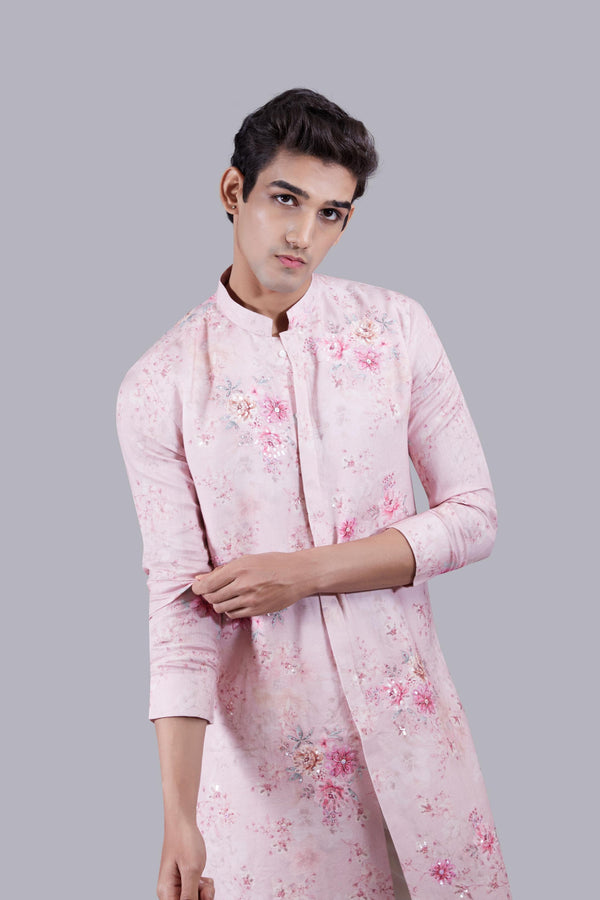 B More PINK PURE LINEN THREAD WORK KURTA SET