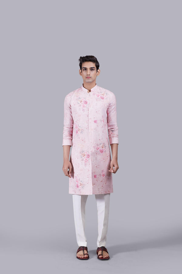 b more PINK PURE LINEN THREAD WORK KURTA SET
