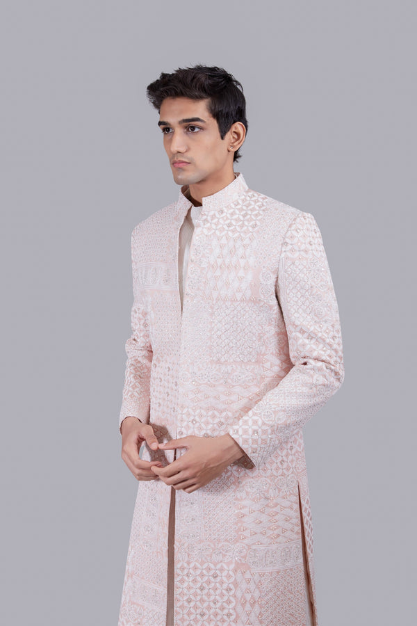 B More PINK TAPETA SILK THREAD WORK SHERWANI