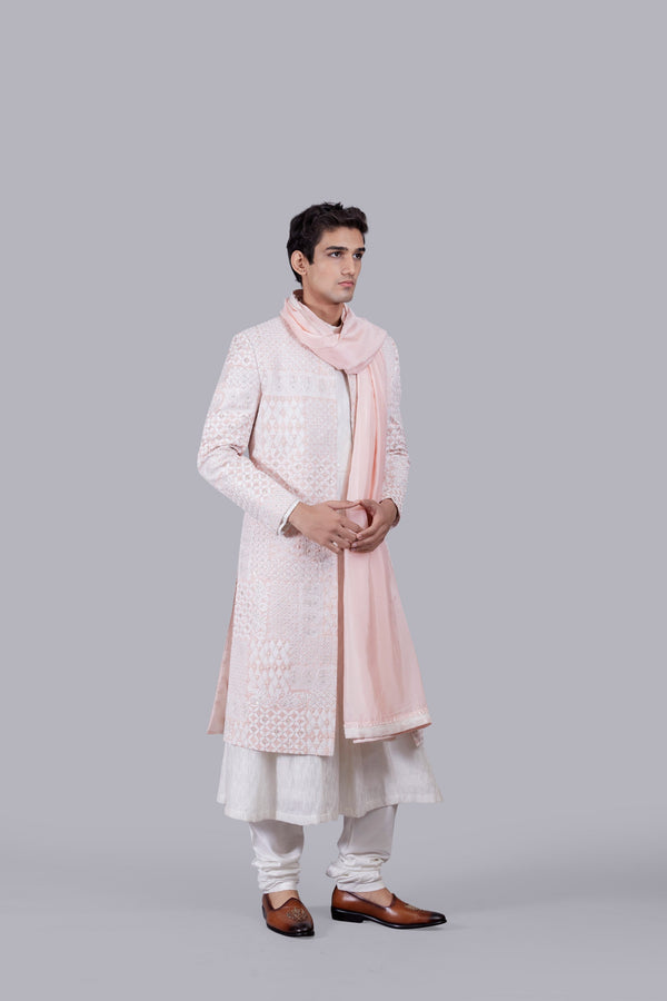 B More PINK TAPETA SILK THREAD WORK SHERWANI