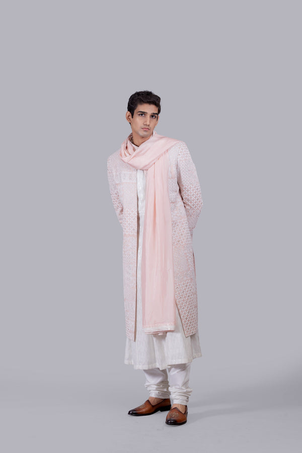 b more PINK TAPETA SILK THREAD WORK SHERWANI