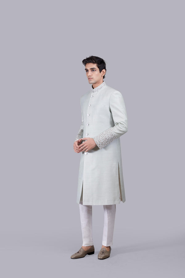 B More PISTACHIO MUGA SILK THREAD WORK SHERWANI