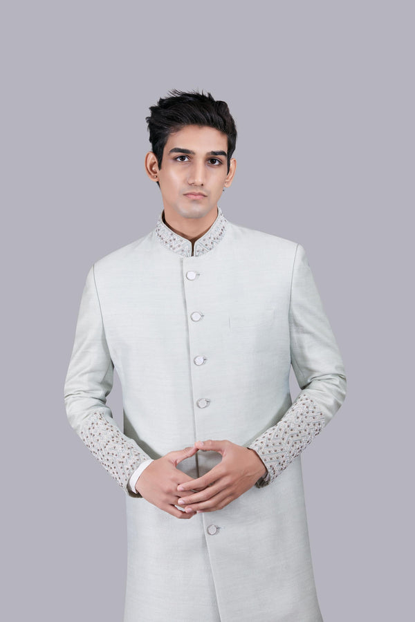 B More PISTACHIO MUGA SILK THREAD WORK SHERWANI