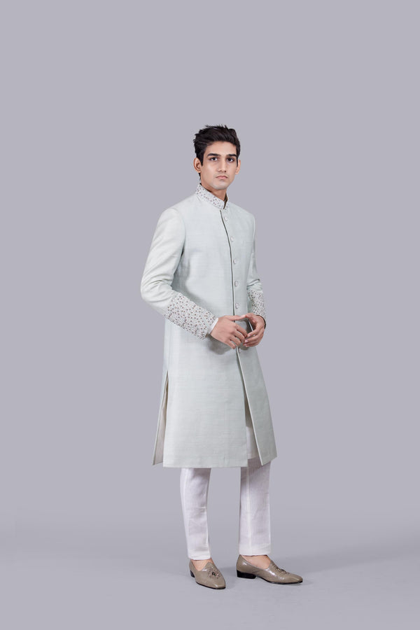 B More PISTACHIO MUGA SILK THREAD WORK SHERWANI