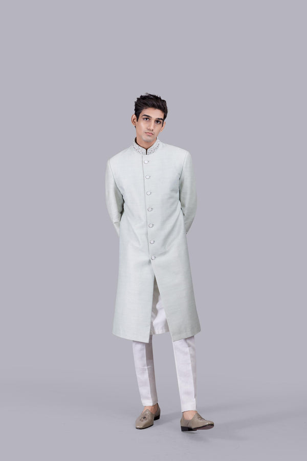 b more PISTACHIO MUGA SILK THREAD WORK SHERWANI