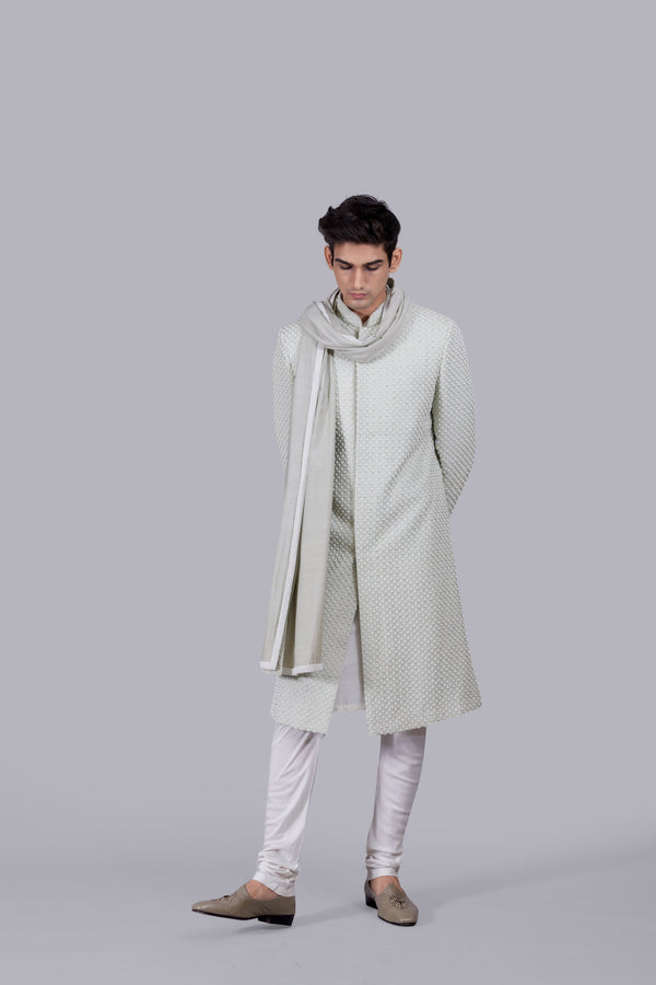 b more PISTACHIO PURE SILK HAND WORK SHERWANI