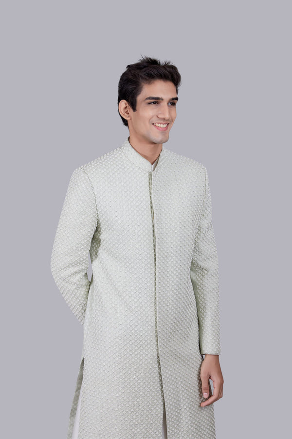B More PISTACHIO PURE SILK THREAD WORK SHERWANI