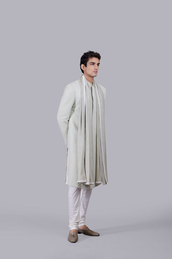 B More PISTACHIO PURE SILK THREAD WORK SHERWANI