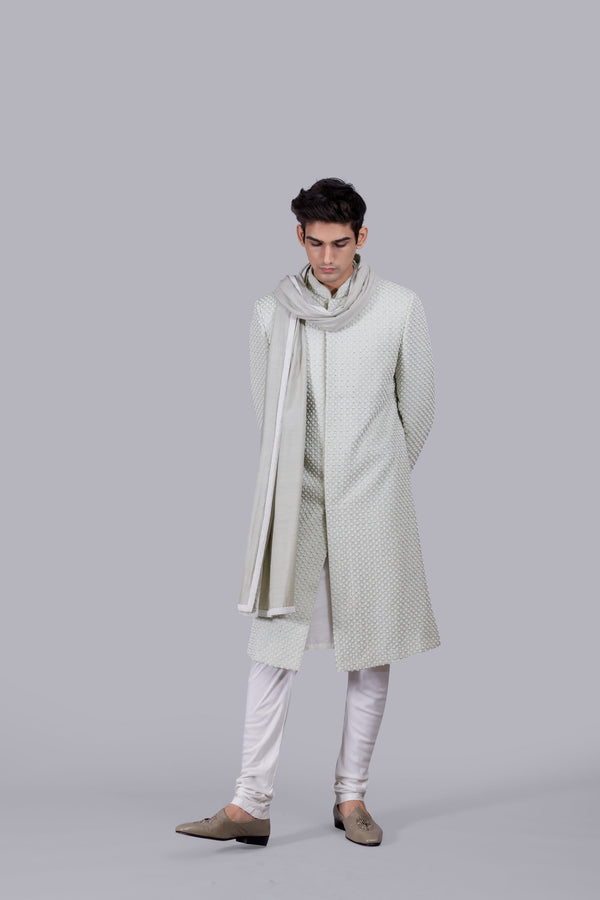 b more PISTACHIO PURE SILK THREAD WORK SHERWANI