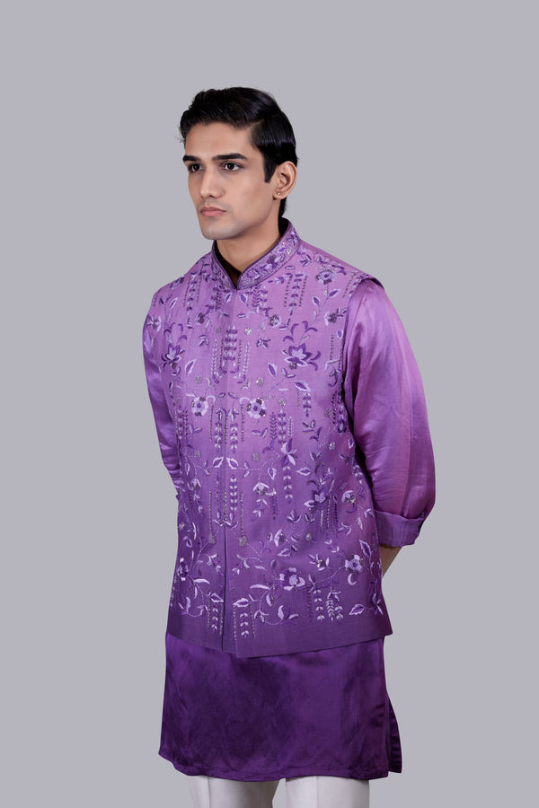 B More PURPLE SATIN SILK CUTDANA WORK BUNDI SET