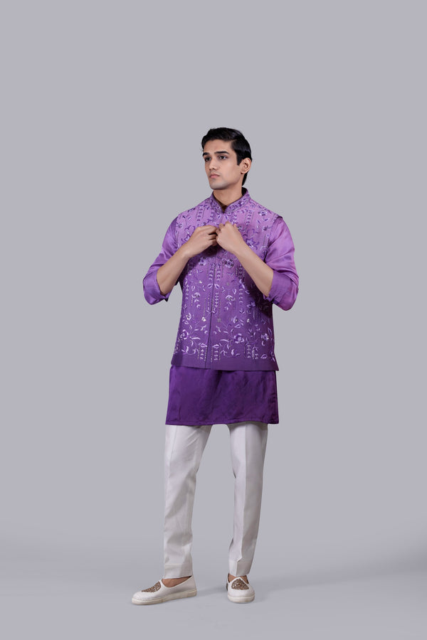 b more PURPLE SATIN SILK CUTDANA WORK BUNDI SET