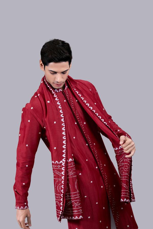 B More RED PURE LINEN SILK THREAD WORK KURTA SET