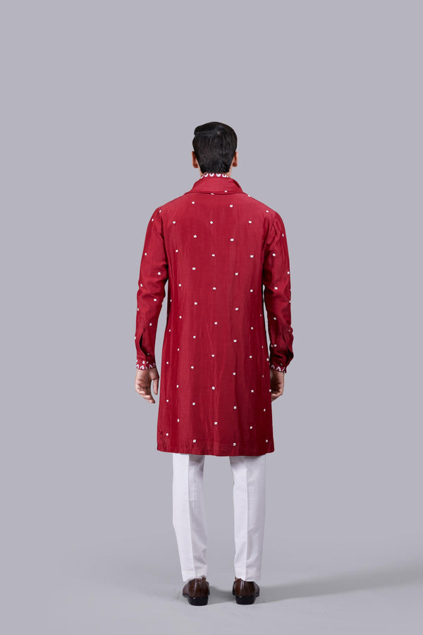 B More RED PURE LINEN SILK THREAD WORK KURTA SET