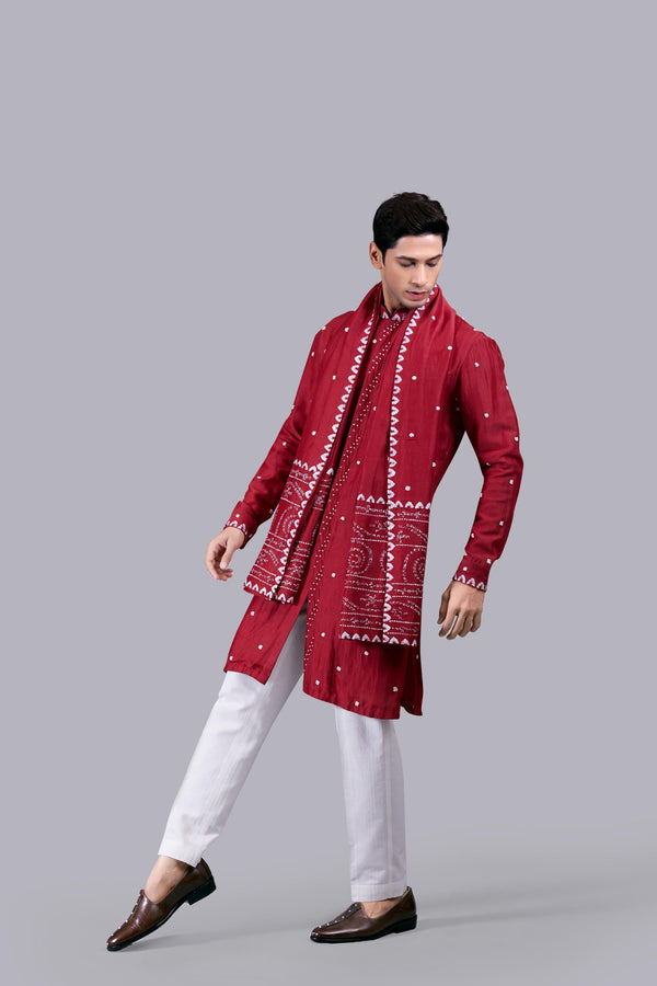 B More RED PURE LINEN SILK THREAD WORK KURTA SET