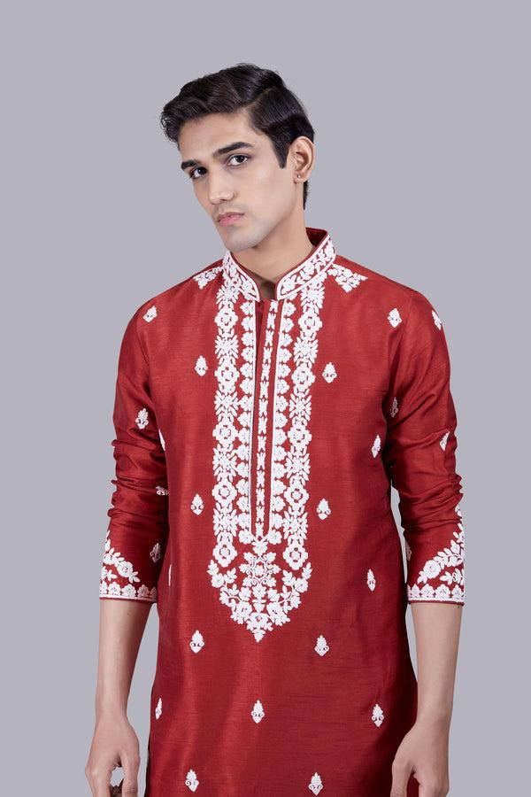 B More RED RAW SILK KURTA SET