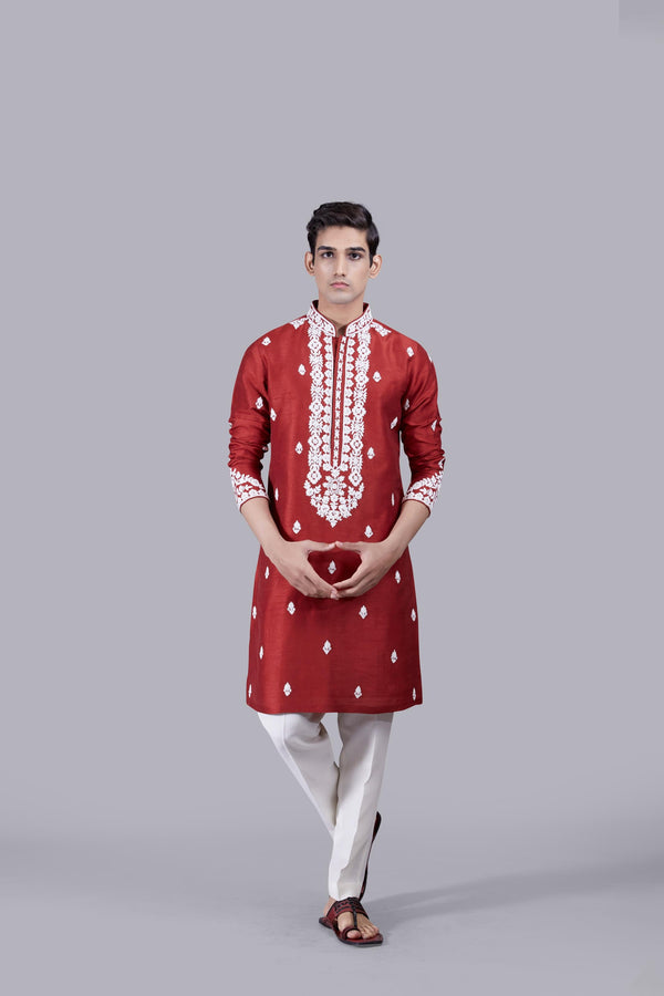 b more RED RAW SILK KURTA SET