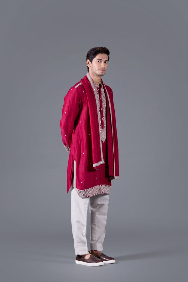 B More Red Reverie Exquisite Linen Silk Kurta Set