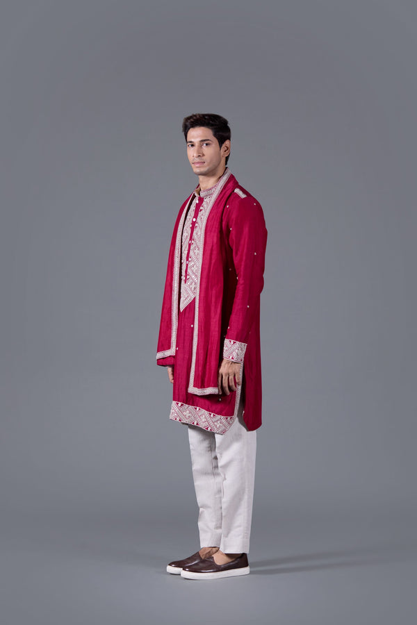 B More Red Reverie Exquisite Linen Silk Kurta Set