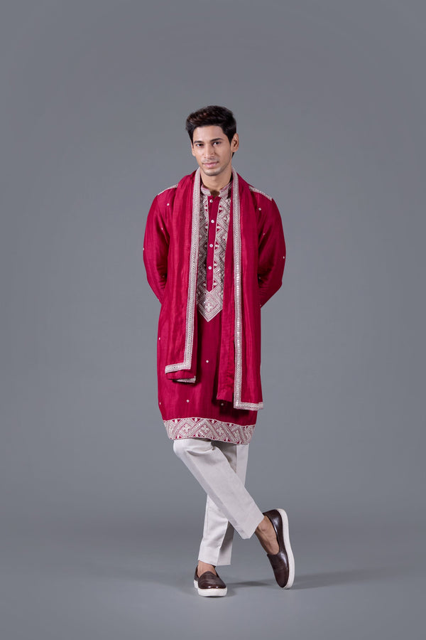 b more Red Reverie Exquisite Linen Silk Kurta Set