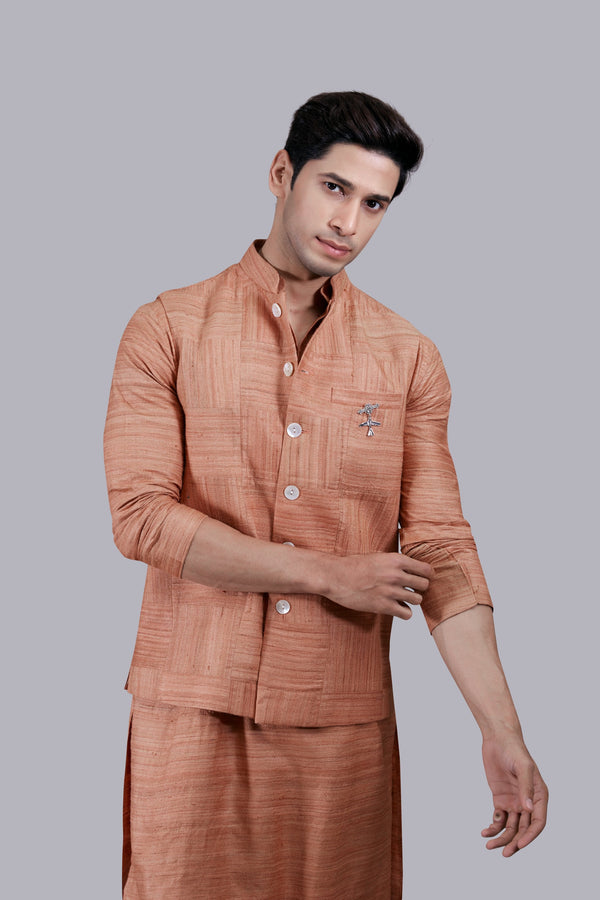 B More RUST KHADI SILK PLAIN BUNDI SET