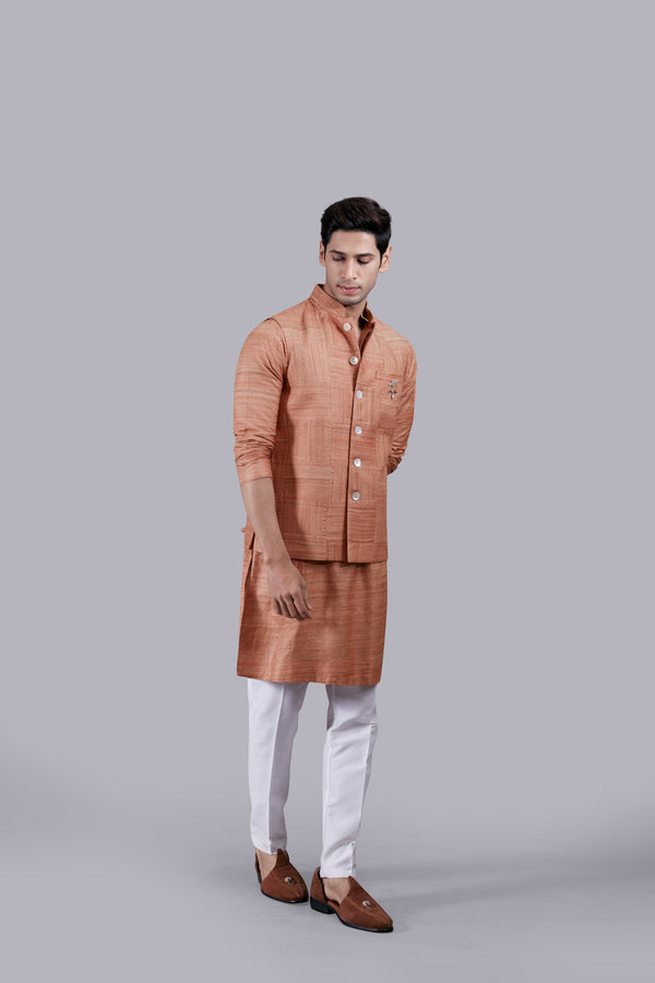 B More RUST KHADI SILK PLAIN BUNDI SET