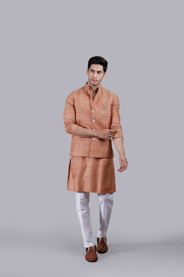 b more RUST KHADI SILK PLAIN BUNDI SET