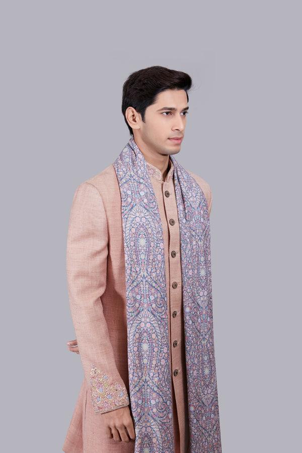 B More SALMON PINK MATKA SILK THREAD WORK SHERWANI