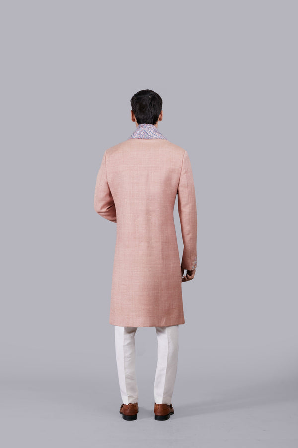 B More SALMON PINK MATKA SILK THREAD WORK SHERWANI