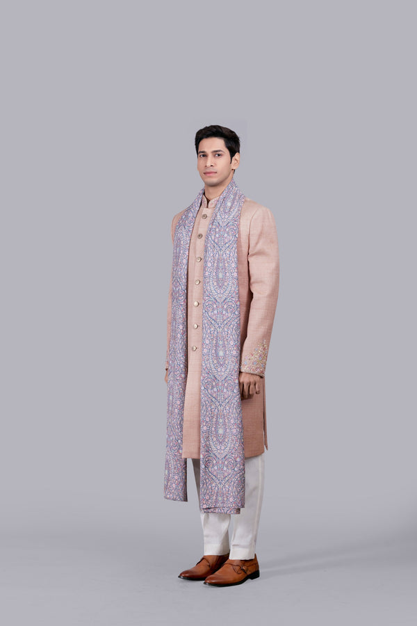 B More SALMON PINK MATKA SILK THREAD WORK SHERWANI
