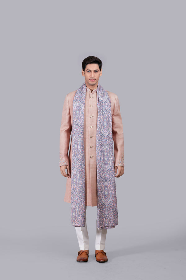b more SALMON PINK MATKA SILK THREAD WORK SHERWANI