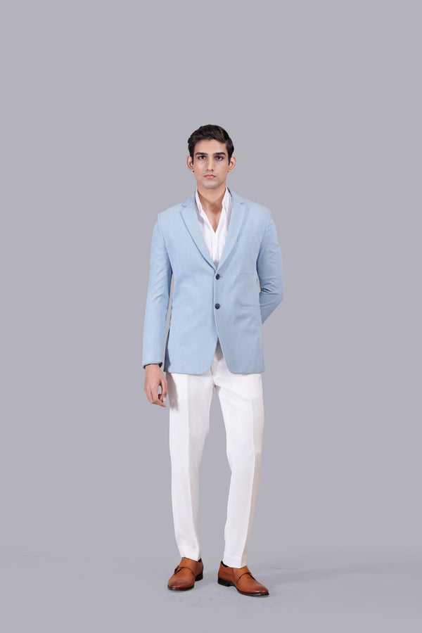 B More SKY BLUE KNITTED LYCRA PLAIN BLAZER