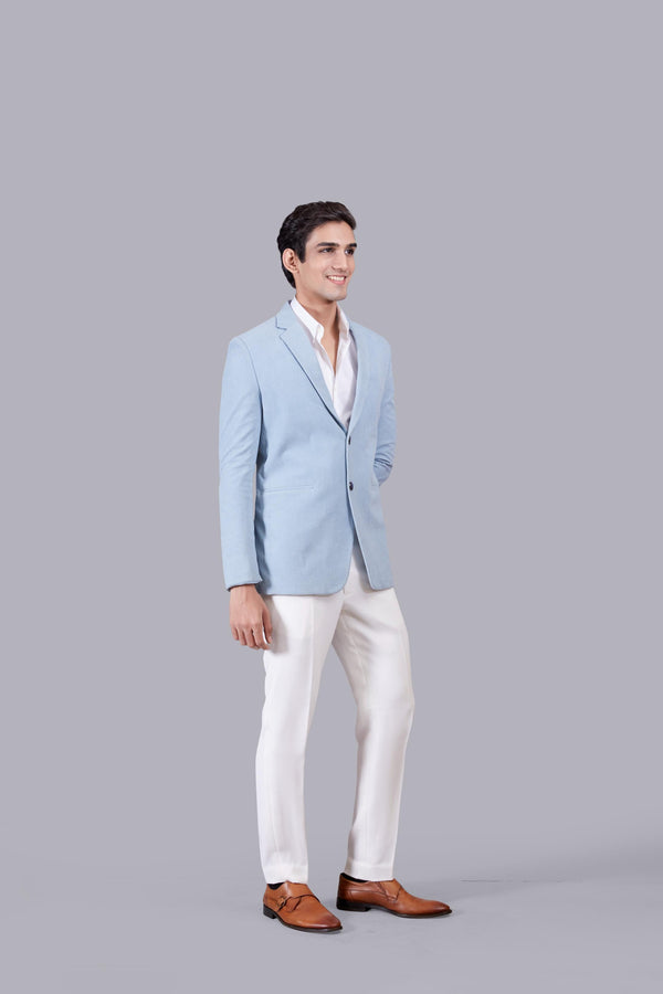 B More SKY BLUE KNITTED LYCRA PLAIN BLAZER