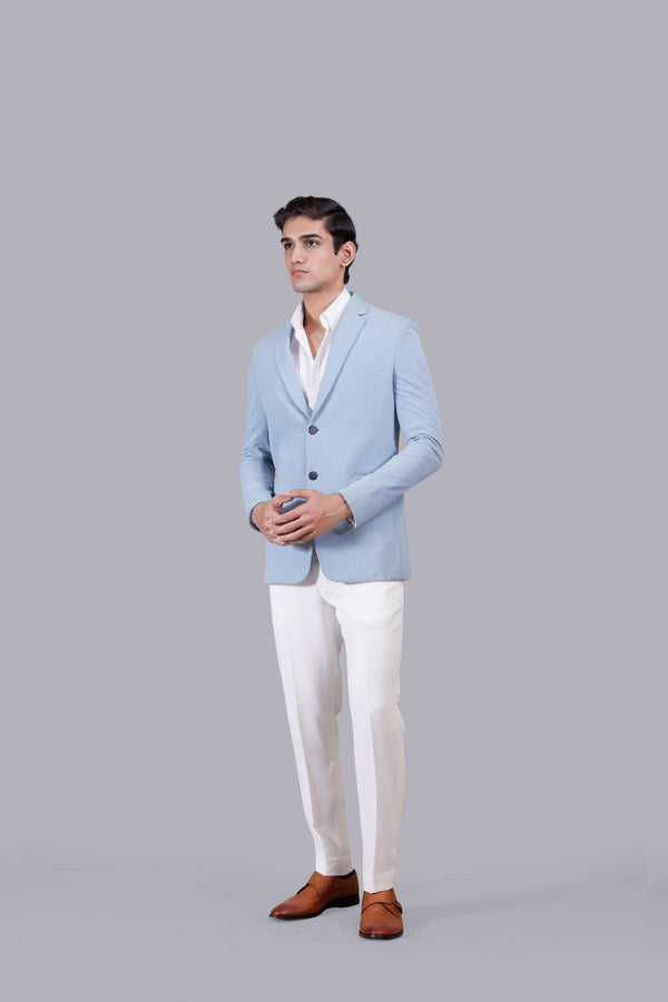 b more SKY BLUE KNITTED LYCRA PLAIN BLAZER