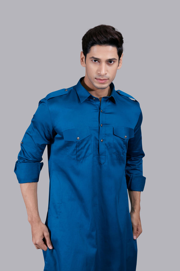 B More TEAL COTTON SILK PATHANI KURTA SET