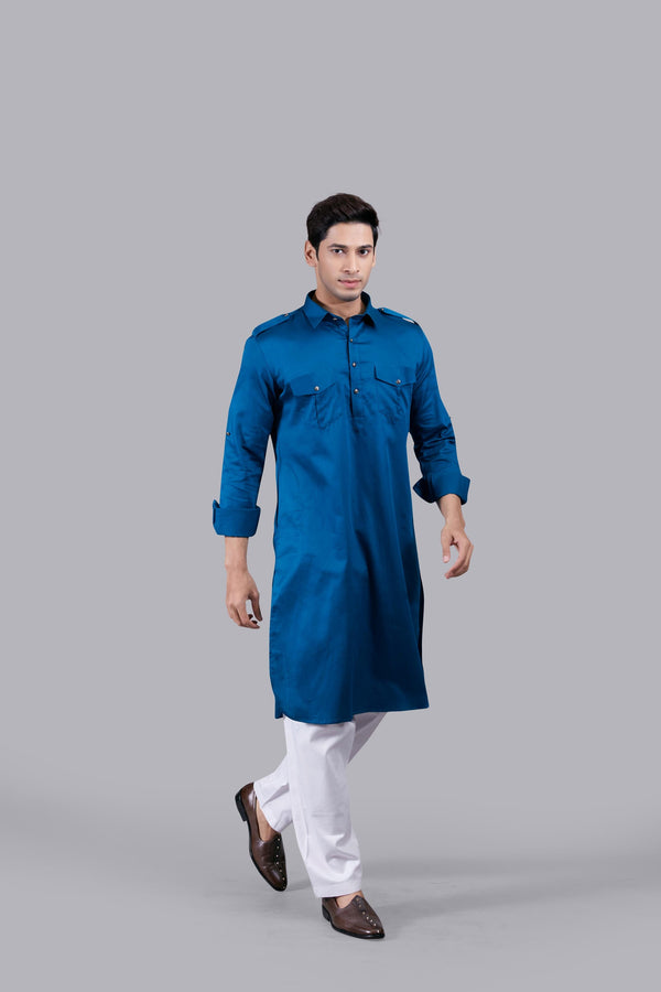 B More TEAL COTTON SILK PATHANI KURTA SET